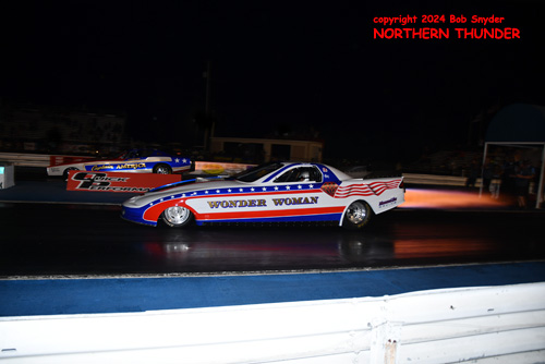 Jet Cars - 'Wonder Woman' 
(near lane) vs Josh Kreuder - 'Captain America' (far lane)